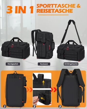 Спортивна сумка RAINSMORE 3 в 1 для чоловіків, 45 л: рюкзак, сумка-переноска, з відділенням для взуття, ноутбука та мокрого одягу, чорна