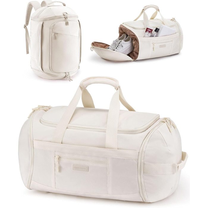 Спортивна сумка LOVEVOOK для жінок та чоловіків, велика сумка для залу, дорожня сумка з відділенням для взуття, водонепроникна сумка для тренувань, плавання, Travel Duffle Bag з рюкзаком, 45L (51*28*32 см), Бежевий