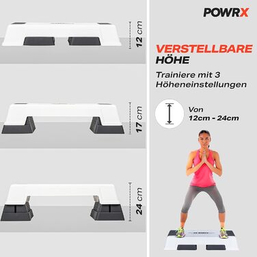 Степ-платформа POWRX для аеробіки та фітнесу, 3 рівні, біла, регульована висота, антиковзаюча | Степ-бенч для дому