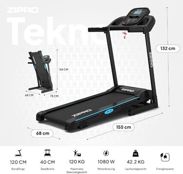 Біговий тренажер Zipro Tekno з нахилом, до 14 км/год, LCD дисплей, для дому, до 120 кг, двигун 1.5-2.5 PS