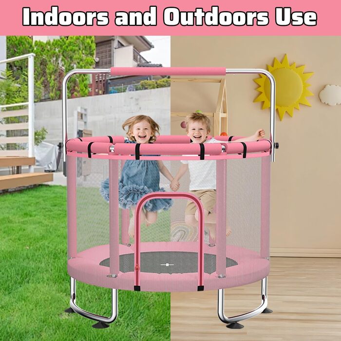 Дитячий батут з сіткою безпеки, регульованою перекладиною та гойдалкою, для хлопчиків та дівчаток 3-6 років (Рожевий)