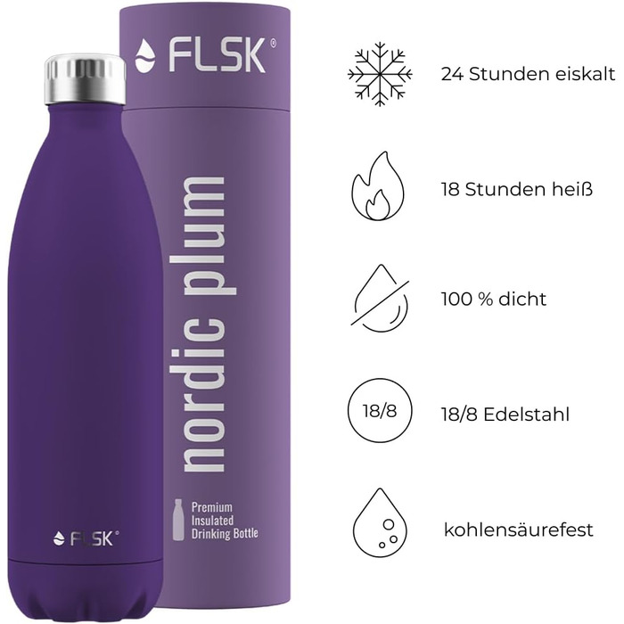 FLSK термобутилка з нержавіючої сталі, преміум, 100% герметична, для газованих напоїв, зберігає холод до 24 годин і тепло до 18 годин, колір nordic plum