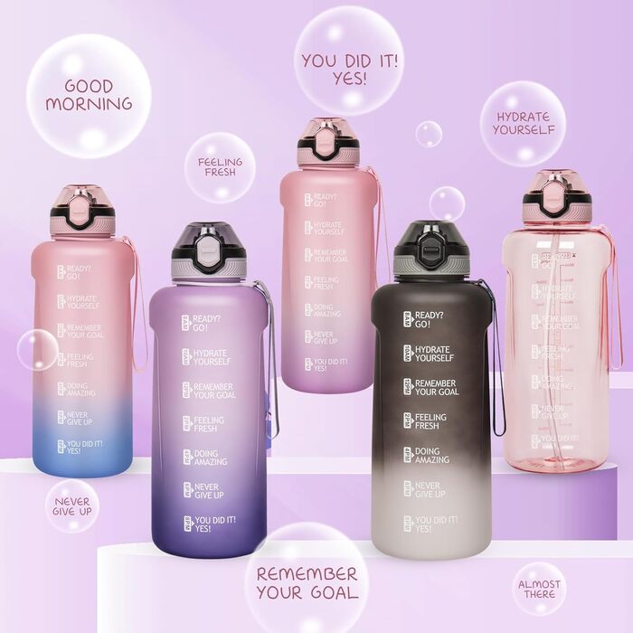 DEARRAY Спортивна пляшка 2 л Tritan з трубочкою та часовою розміткою, BPA-free, для води, мотиваційна, для фітнесу та спортзалу, рожево-фіолетова