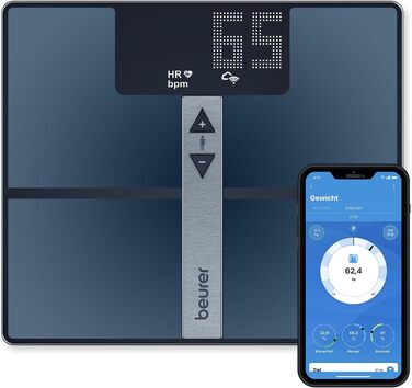 Діагностичні ваги Beurer BF 980 з Wi-Fi та Bluetooth, аналіз і графіки в додатку, вимірювання пульсу, акумулятор, чорні