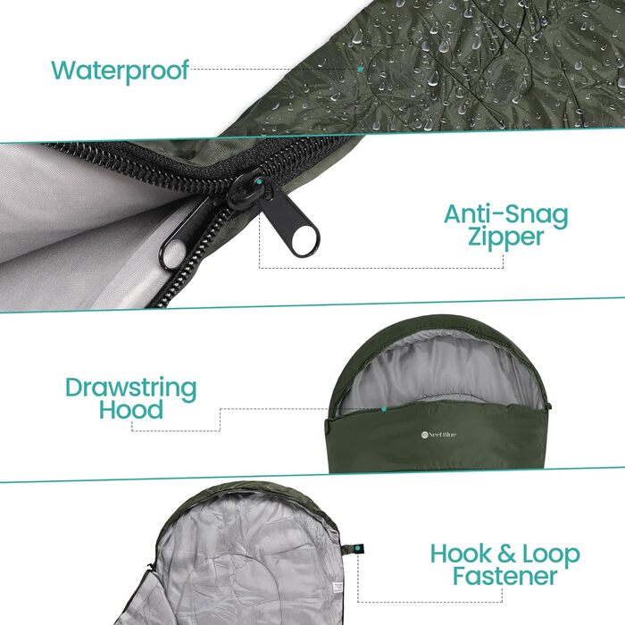 Спальний мішок Mumienschlafsack для дорослих - легкий, компактний, водонепроникний, з капюшоном, 220x85 см, теплий, придатний для прання, для кемпінгу, трекінгу, подорожей, зелений