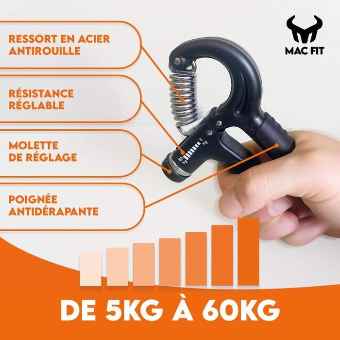 MAC FIT Handtrainer з регулюванням ваги 5-60 кг – для зміцнення рук, пальців, передпліччя. Підходить для реабілітації, альпінізму, силових тренувань, зняття стресу