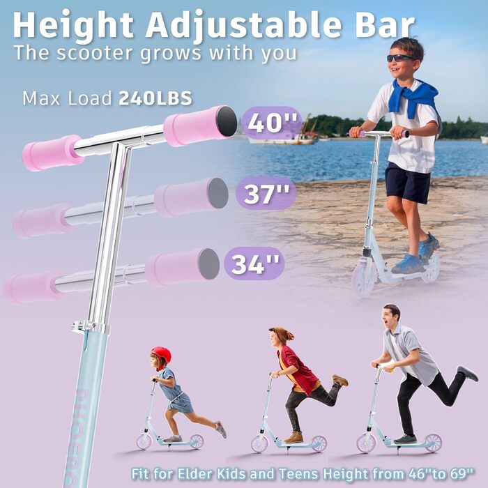 Дитячий трюковий самокат PHOEROS для дітей 6-12 років, підлітків та дорослих. Легкий міський самокат з алюмінію з великими колесами 200 мм, складний, 3-рівнева регулювання висоти, амортизація. (Blue)