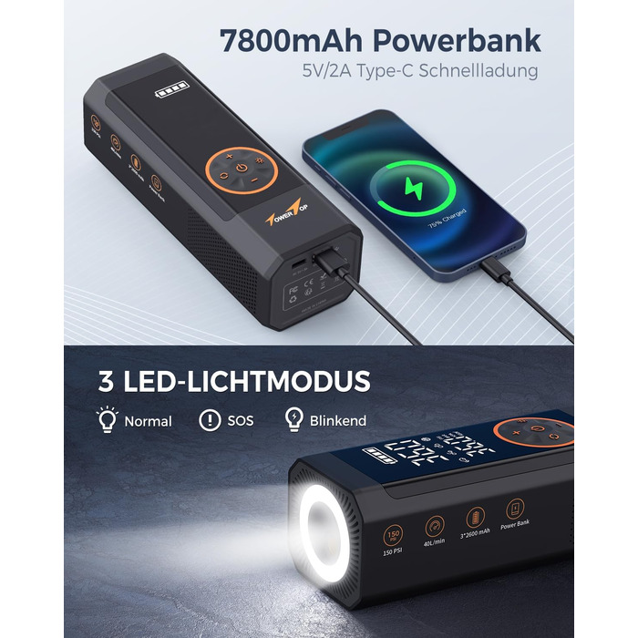 Електричний портативний компресор TowerTop 150PSI 7800mAh для авто та велосипеда з LED-дисплеєм, функцією пам'яті та автозупинки, акумуляторний, з чохлом