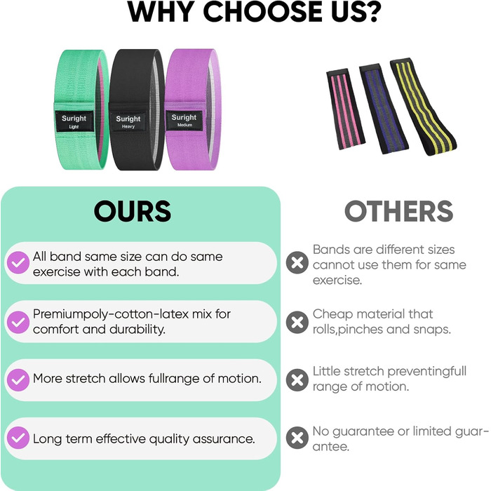 Стрічки опору для фітнесу [3 шт.] для сідниць та стегон, антиковзкі фітнес-стрічки для жінок/чоловіків, силові тренування, йога, пілатес (Чорний, фіолетовий, зелений)