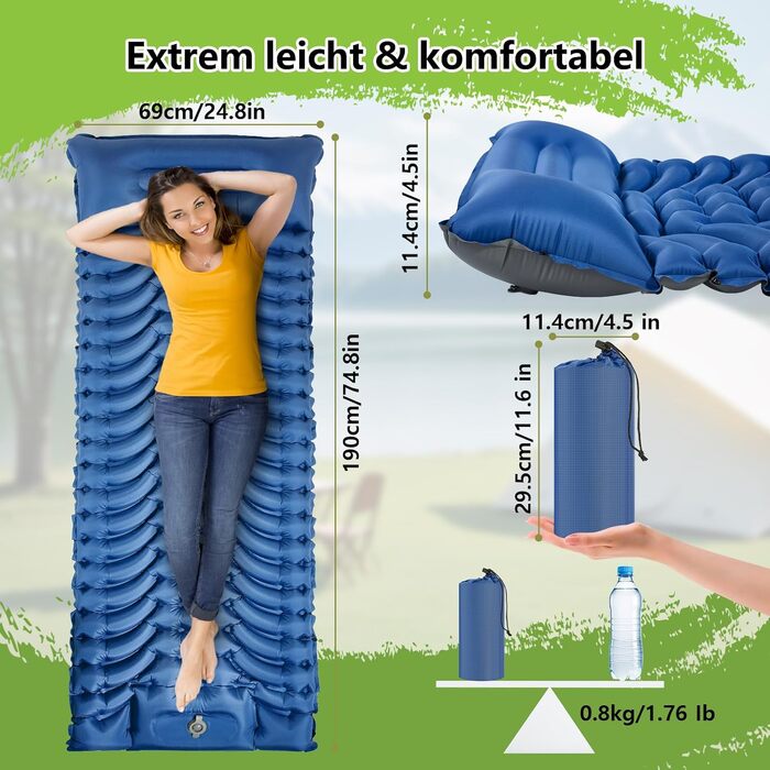 Килимок для кемпінгу MEIJO Isomatte самонадувний, ультралегкий з насосом, товстий для відпочинку на природі, намету, пляжу, блакитний & сірий