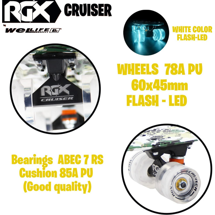 Скейтборд WeLLIFE Mini Cruiser 22'' (56 см), PU колеса з LED, ABEC-7, для підлітків і дорослих, військовий стиль