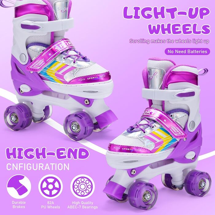 Дитячі ролики Kinder з регулюванням, 8 світлодіодних коліс, ролики Quad для дівчаток та хлопчиків, для початківців, внутрішнє та зовнішнє використання (S (EU28-32), фіолетовий)