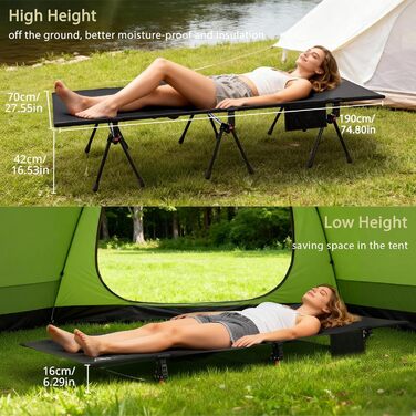 Кемпінгове ліжко Anbte: легке, розкладне, 190x70 см, алюміній, 2 положення висоти, до 180 кг, з сумкою