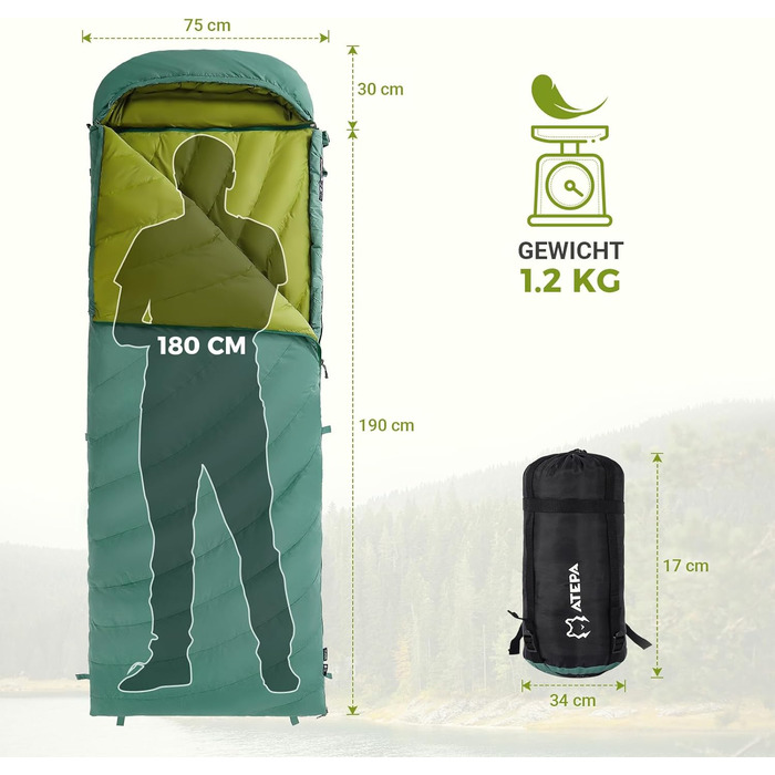 Спальний мішок ATEPA Ultraleicht Daunenschlafsack: Легкий, компактний, водонепроникний, для кемпінгу, трекінгу та рюкзакових подорожей. Комфортна температура 12°C, межа допустимої 7°C. ThermPlus Max.