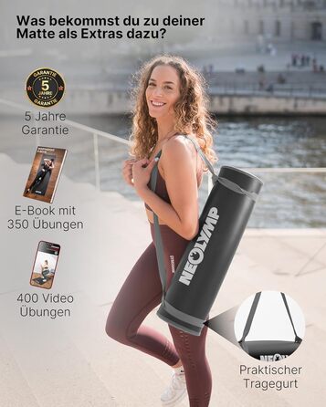 Фітнес-мат Neolymp Extra товстий (80 см, сірий) з ременем для перенесення та E-book - килимок для йоги, гімнастики, пілатесу для дому та спорту