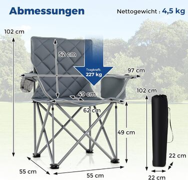 Крісло для кемпінгу Costway XXL, 227 кг, з підлокітниками та кишенею для напоїв, сіре