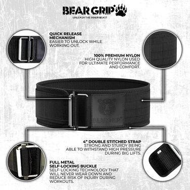 Пояс для важкої атлетики BEAR GRIP, самозамикаючий, преміум, для кросфіту, пауерліфтингу та бодібілдингу, унісекс