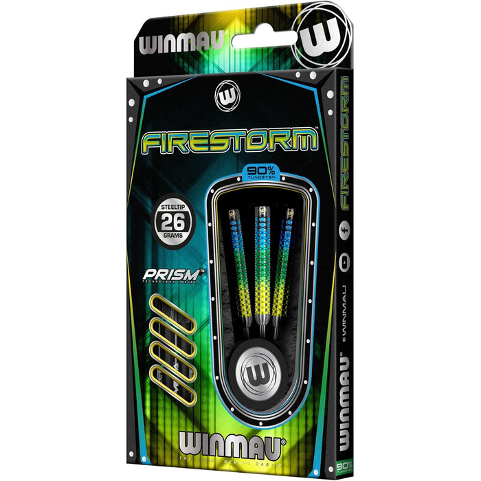 Дротики для дартсу WINMAU Firestorm, вольфрамові, 26 г, сталевий наконечник, набір з оперенням та хвостовиками, професійні