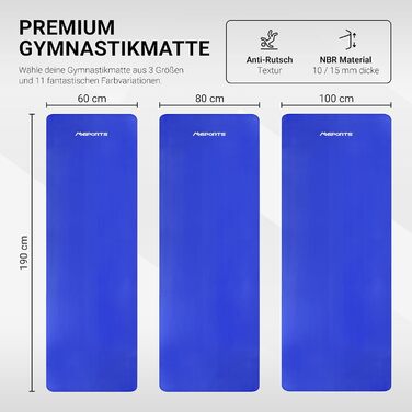 Гімнастичний килимок MSPORTS Premium 190x60x1 см, королівський синій, фітнес-мат для йоги, фталатів не містить, з ременем для перенесення, постером вправ і додатком