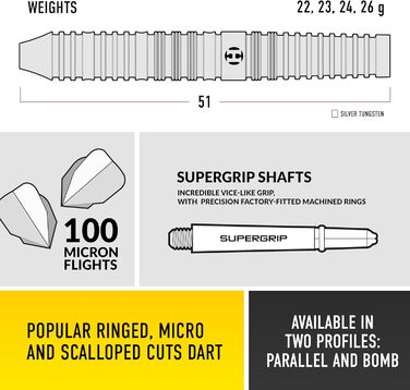 Професійний набір дротиків Harrows NX90 Bomb & Parallel, 90% вольфрам, усі ваги, 10 шт з чорними Supergrip
