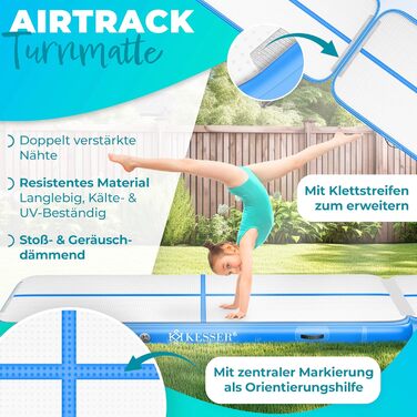 Надувна гімнастична матка KESSER® Airtrack 2м/3м/4м/5м/6м | Килимок для фітнесу, йоги, акробатики | з сумкою та електропомпою | Мінт-зелений (блакитний)