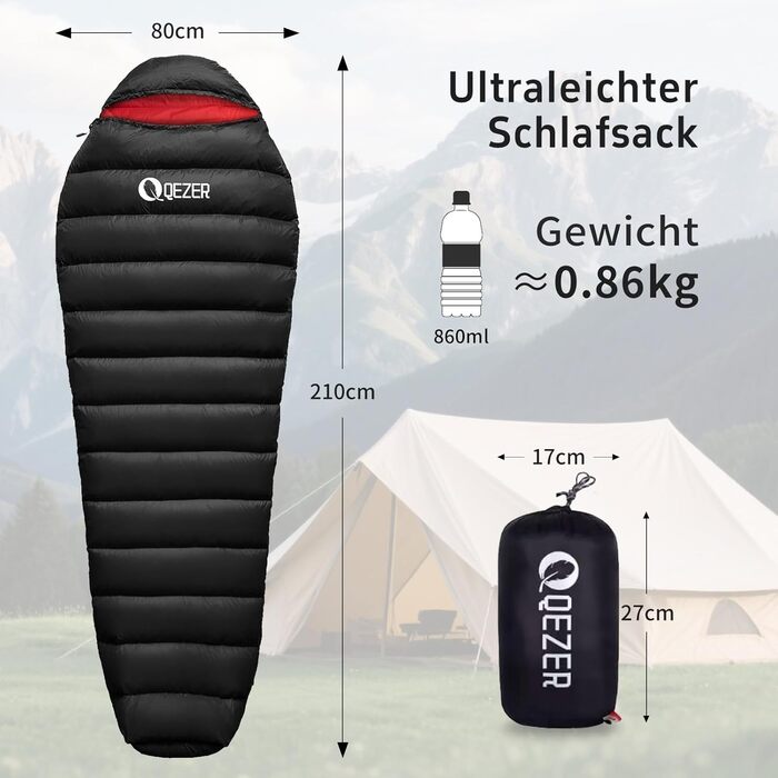 Спальний мішок для дорослих та дітей, зимовий, легкий, Outdoor 8°C ~ -30°C, для кемпінгу та альпінізму, 650 FP гусячий пух, 500г, чорний