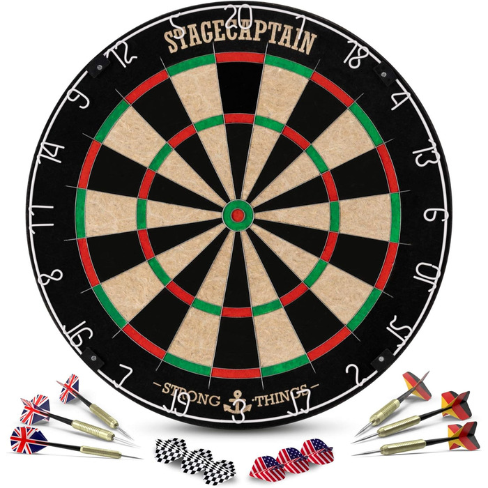 Stagecaptain DBS-1715 Bullseye Pro комплект для дартсу: професійна стілдардс дошка з сизалю, гумовий килимок, регульована стійка, 6 дротиків, 4 комплекти оперень, золото