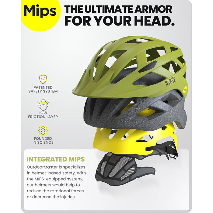 Велошолом OutdoorMaster MIPS із вентиляцією, змінними підкладками, для підлітків та дорослих, розмір 59-61 см, жовтий, для гірських та шосейних велосипедів
