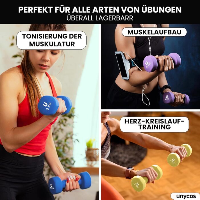Гантелі неопренові UNYCOS 2 шт. (1-10 кг) - короткі, антиковзаючі для жінок та чоловіків, проти ковзання | для фітнесу, силових тренувань, пілатесу, гімнастики, домашнього спортзалу