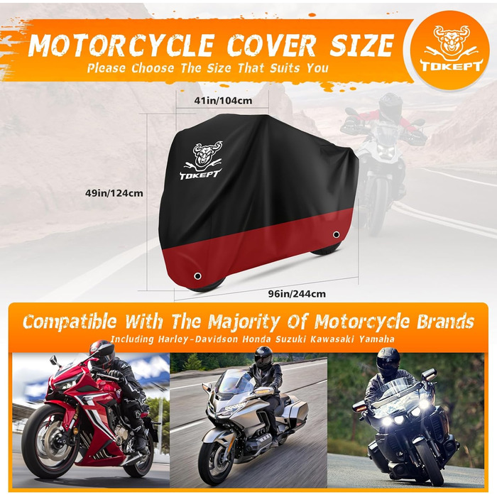 Чорна мотоциклетна накидка з червоною вставкою, 210D Oxford, захист від сонця та води, 96 дюймів (XL) - Harley Davidson, Honda, Suzuki, Kawasaki, Yamaha