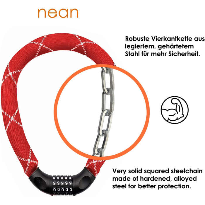 Надійне велозамок Nean з кодом, 6 мм, 900 мм, червоний