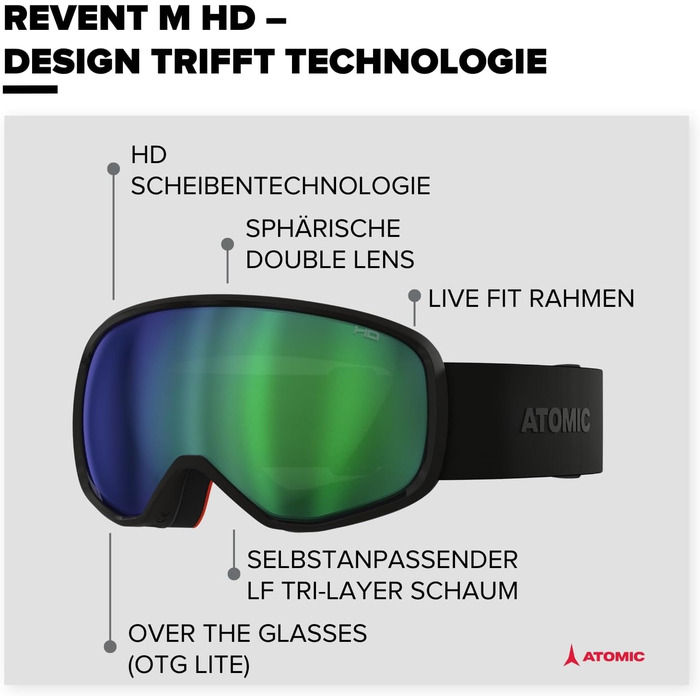 Гірськолижна маска ATOMIC REVENT HD, подвійна лінза, чорна, дзеркальна, Live Fit, для сноуборду та лиж, контрастне бачення, преміум-якість