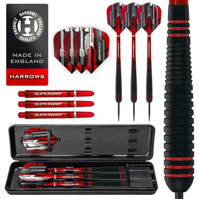 Дарти Ace Rubber Black (Сталеві дротики) з кейсом, 20/22/24/26 г, Supergrip, 100 мікрон Marathon Flights, чорні