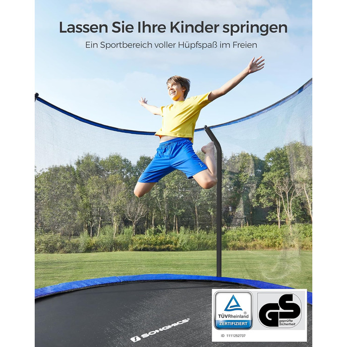 Трамплін SONGMICS для дітей на вулицю, Ø 244/305/366/427 см, круглий, з сіткою безпеки та сходами, захисним бордюром, м'яким каркасом (305 см, Чорний + Темно-синій)