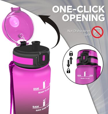 Спортивна пляшка для води 1 л, витікання, з маркуванням часу, легка, для велосипеда, школи, офісу, фітнесу (1000 мл, фіолетово-чорна)