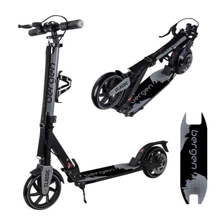 Самокат міський Bergеn City Scooter Classic складаний, 200 мм, дискове та ножне гальмо, амортизація, алюміній, регульована висота, для дітей від 6 років та дорослих до 100 кг (Сірий)