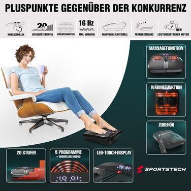 Вібраційна платформа Sportstech VX350 2-в-1 для масажу та фітнесу вдома | Масажер з підігрівом проти холоду в ногах | Рюттельплатта для спорту та швидкого схуднення | LED-дисплей, чорний