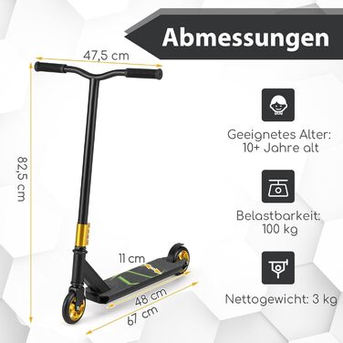 Скутер для трюків Costway з поворотом на 360°, колеса 110 мм PU, підшипники ABEC-7, алюмінієва дека, вантажопідйомність 100 кг, для дітей від 10 років (чорний)