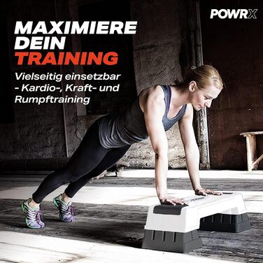 Степ-платформа POWRX для аеробіки та фітнесу, 3 рівні, біла, регульована висота, антиковзаюча | Степ-бенч для дому