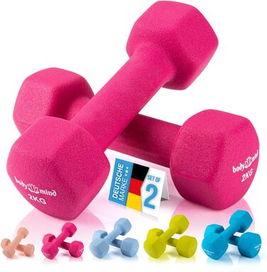 Гантелі Body & Mind 2×2 кг, нековзні, для фітнесу, рожеві, набір для домашніх тренувань