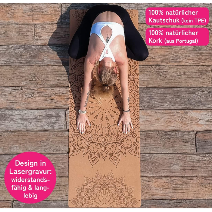 Йога мат Premium Kork: з натурального каучуку та корку | 100% натуральний та екологічний | 183 x 66 x 0,4 см | з чохлом для перенесення | антиковзаюча | без шкідливих речовин | без TPE | міцний та довговічний | дизайн Мандала