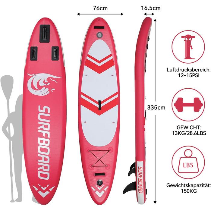 Надувна SUP-дошка ZealWe 320/335 см з аксесуарами, серфборд до 150 кг, комплект: алюмінієве весло, сидіння, рюкзак, насос