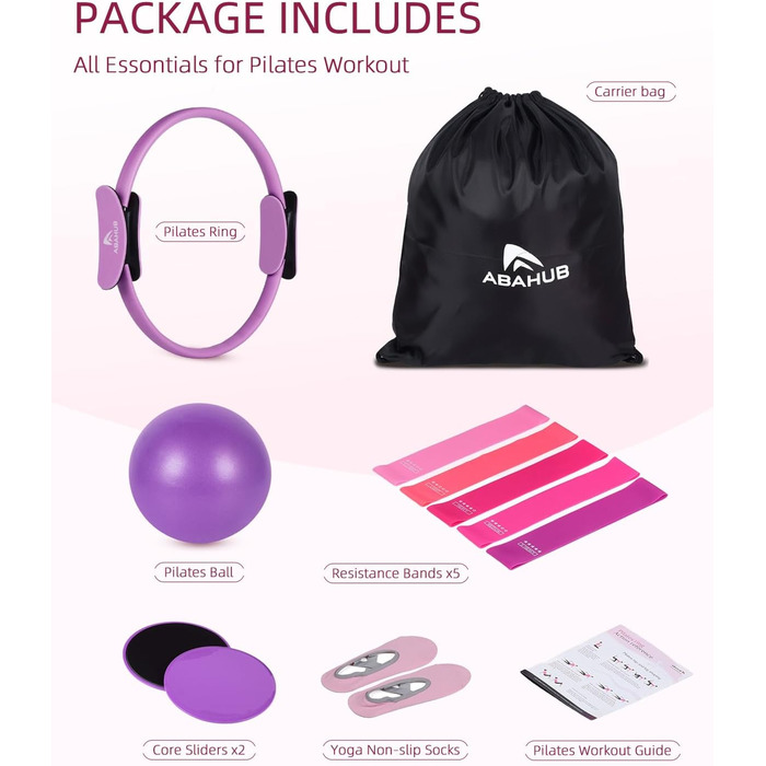 Набір для пілатесу Abahub: кільце 35см, м'яч 25см, 5 еластичних стрічок, шкарпетки для йоги, ковзаючі диски. Для жінок, домашні тренування, сила, гнучкість, стабільність та підтяжка тіла (фіолетовий)