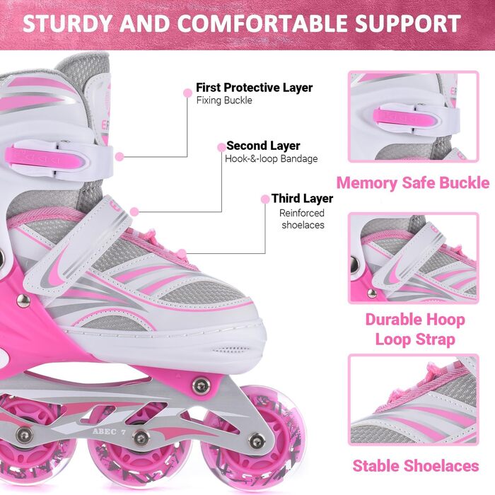 Дитячі ролики Ernan Verstebar - міцні ролики для дівчаток, хлопчиків та дітей різного віку. Розміри 4. Підходять для використання в приміщенні та на вулиці (рожевий, M)