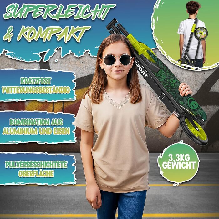 Дитячий та дорослий трюковий самокат Cityroller з дзвіночком та ременем | Висота регулюється, складається, до 100 кг | Великі колеса, чорний/зелений