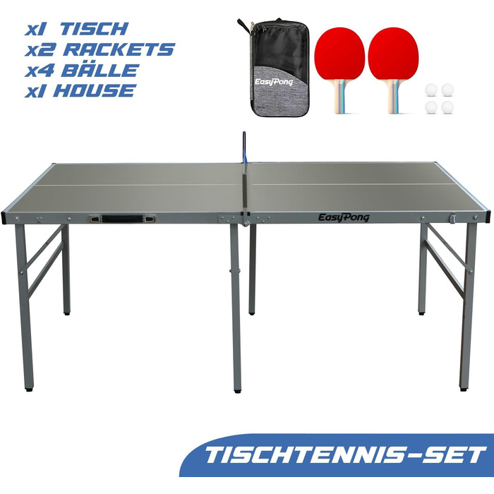 Стіл для настільного тенісу EasyPong OriginalCup, 182x91 см, сірий, преміум-якість, для вулиці та приміщення, з ракетками та м'ячами, легкий, стійкий