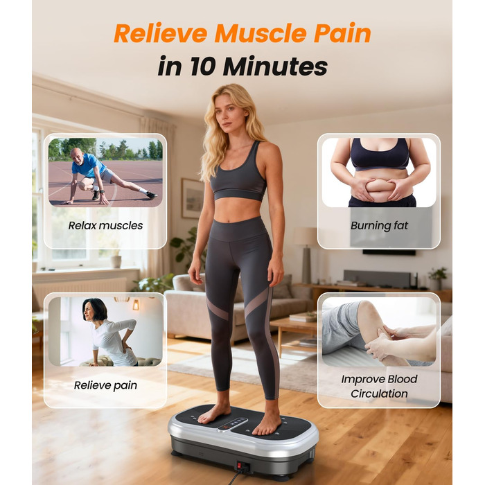 Вібраційна платформа 200W для фітнесу з пультом дистанційного керування, 120 рівнів, ультразвук та гумові ніжки – для домашніх тренувань, підтяжки м'язів та регенерації, ідеально для жінок та людей похилого віку, сріблястого кольору