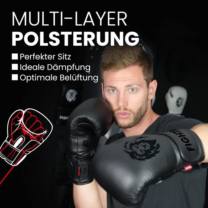Боксерські рукавички FIGHTR® Pro з натуральної шкіри | Для чоловіків та жінок | Для боксу, ММА, муай-тай, кікбоксингу та єдиноборств | 10, 12, 14, 16 oz | З сумкою 14 oz All Black