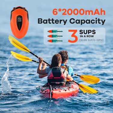 Електричний насос для SUP з акумулятором 12000mAh, 20PSI, 6 насадок для надування/здування, 12V DC, автовимкнення, для SUP, серфінгу, наметового обладнання, матраців