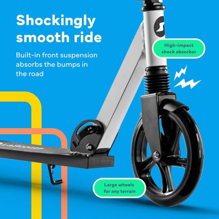 Lascoota Роликовий самокат для дітей від 8 років - дорослий, складний, регульована висота, амортизація переднього колеса, ремінь на плече, колеса 20 см, великий самокат для підлітків, колір: блакитний